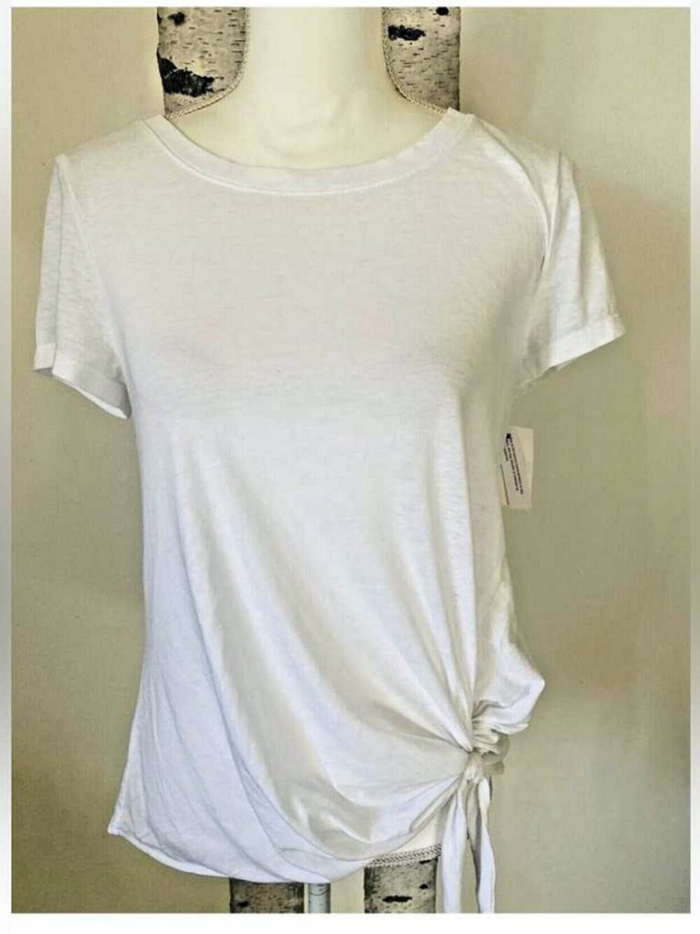NWT White Crew Neck Side Tie Short Sleeve T‑Shirt Lightweight Knit Casual Top - Picture 1 of 2